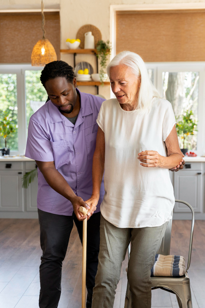 Harritex carer supporting elderly client at home
